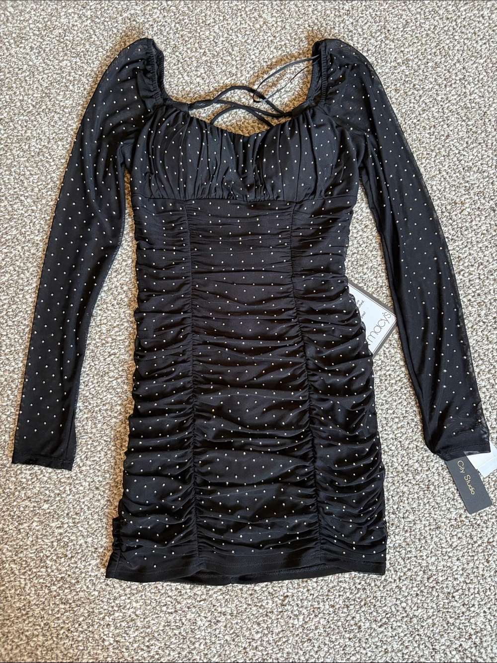 Black Long-Sleeve Ruched Mini Dress with Metallic Dot Detail